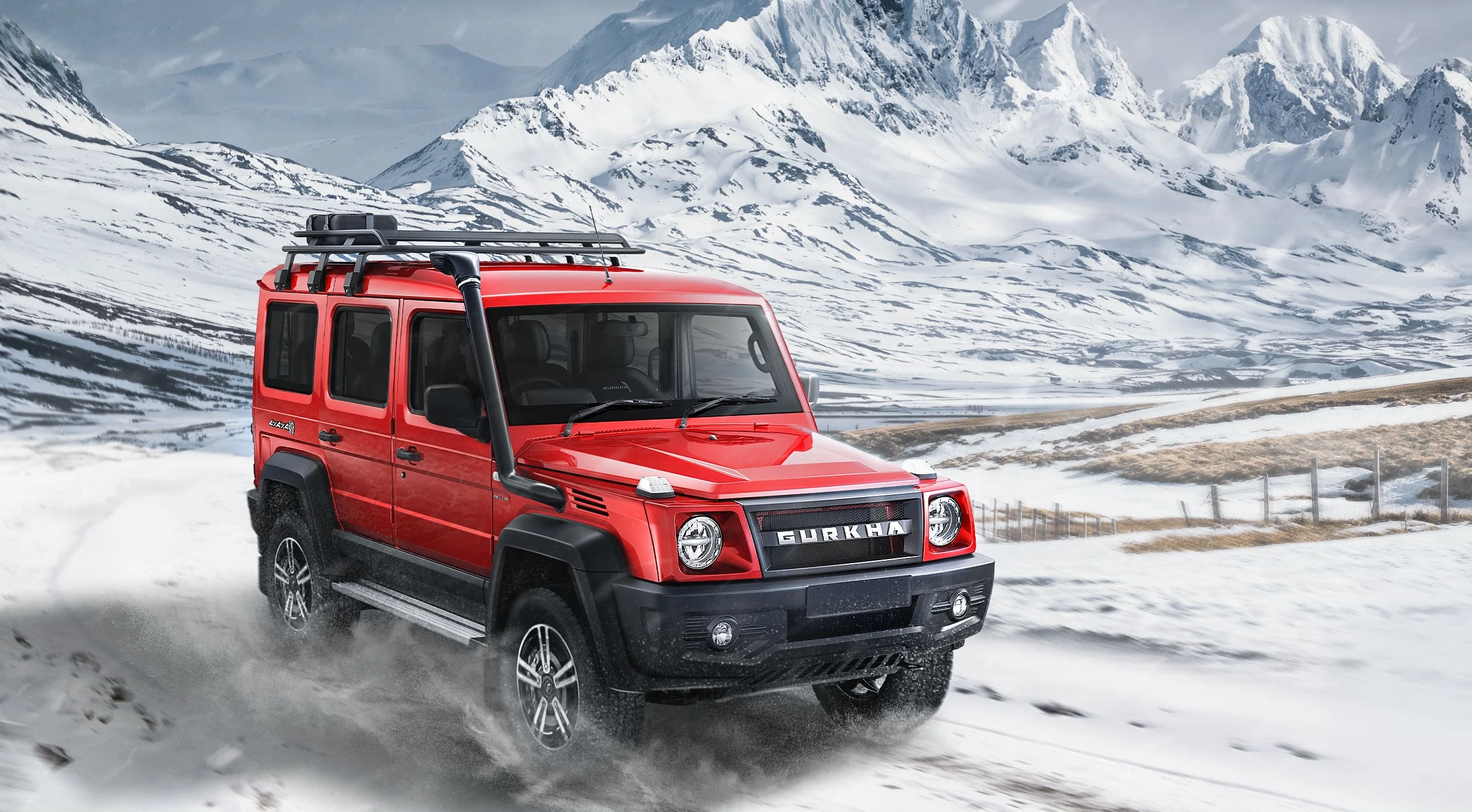 5-Door in Snow: Front Right Three-Quarter View